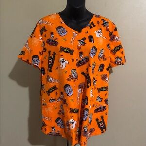 NWOT Scrubstar Orange Halloween Fright Friends V-Neck Medical Scrub Top L